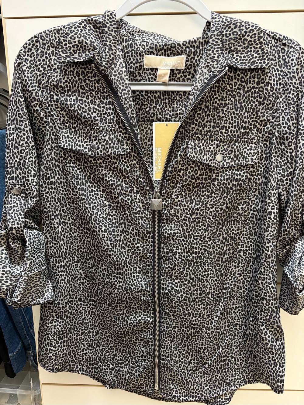 Michael Kors Black and White Leopard Zip-Front Shirt Jacket